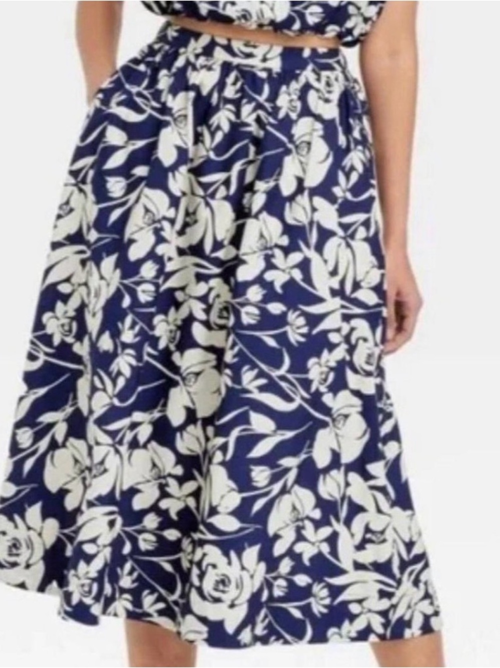 A New Day Navy and White Floral Midi Skirt with Elastic Waist with Pockets, M